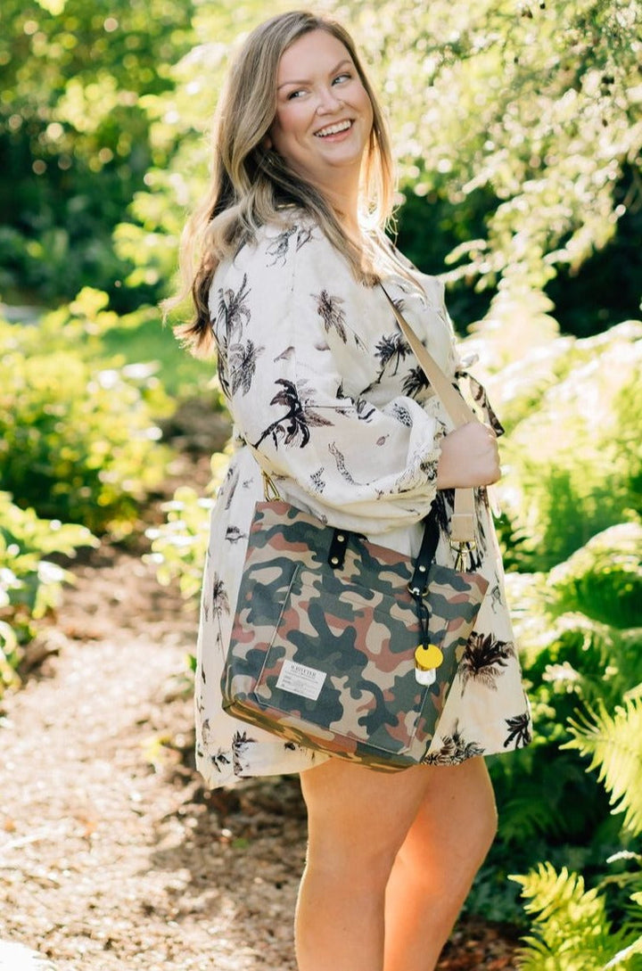 Taylor | Riveter Camo Printed Canvas + Black Leather Tote