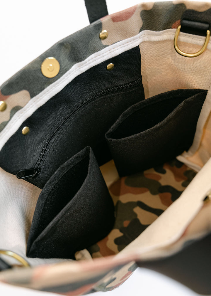 Taylor | Riveter Camo Printed Canvas + Black Leather Tote