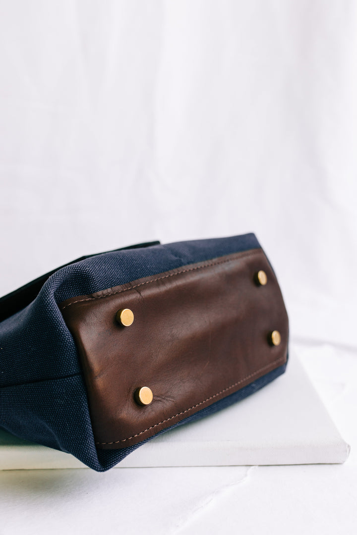 Hobby | Signature Navy Canvas + Brown Leather Handbag