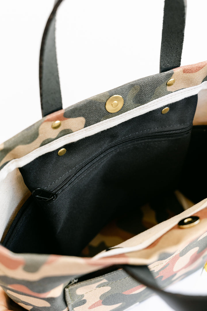 Taylor | Riveter Camo Printed Canvas + Black Leather Tote