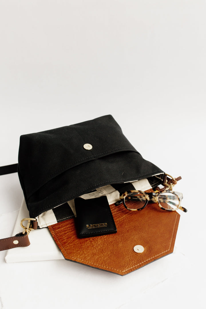 Hobby | Signature Black Canvas + Brown Leather Handbag