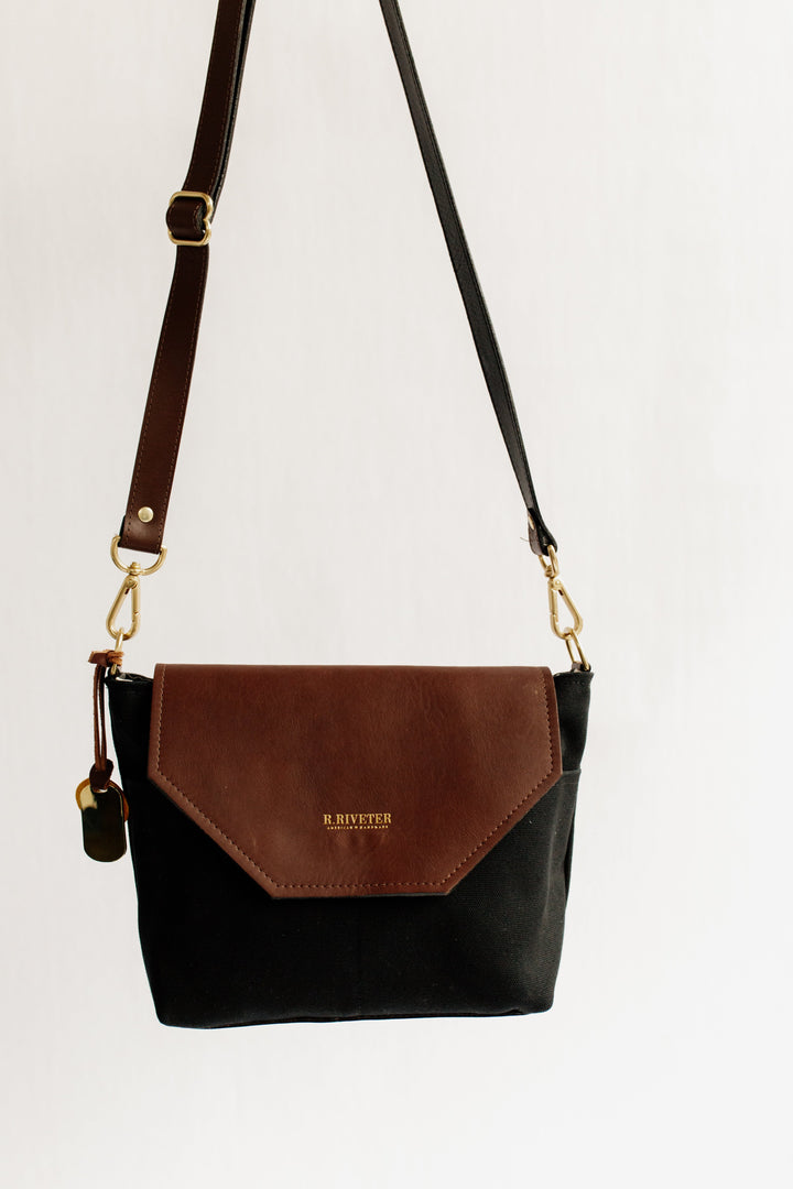 Hobby | Signature Black Canvas + Brown Leather Handbag