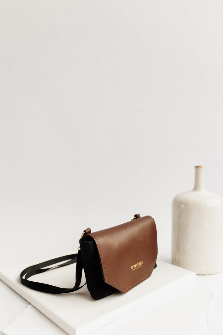 Patton | Signature Black Canvas + Brown Leather Crossbody Handbag
