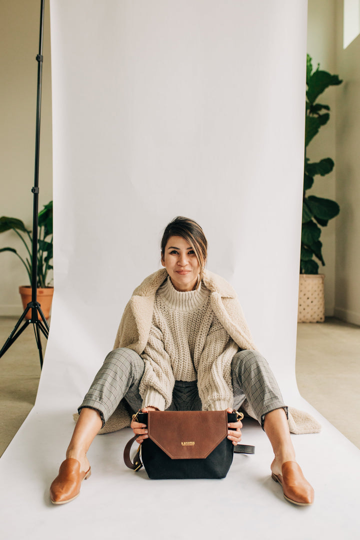 Hobby | Signature Black Canvas + Brown Leather Handbag