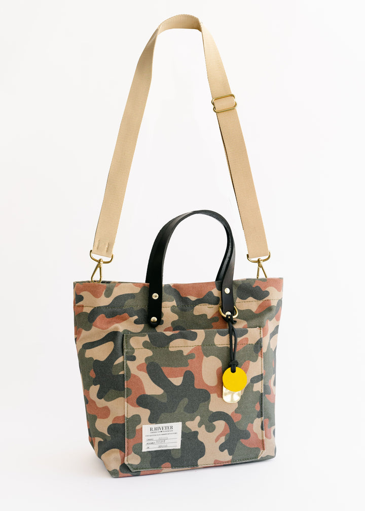 Taylor | Riveter Camo Printed Canvas + Black Leather Tote