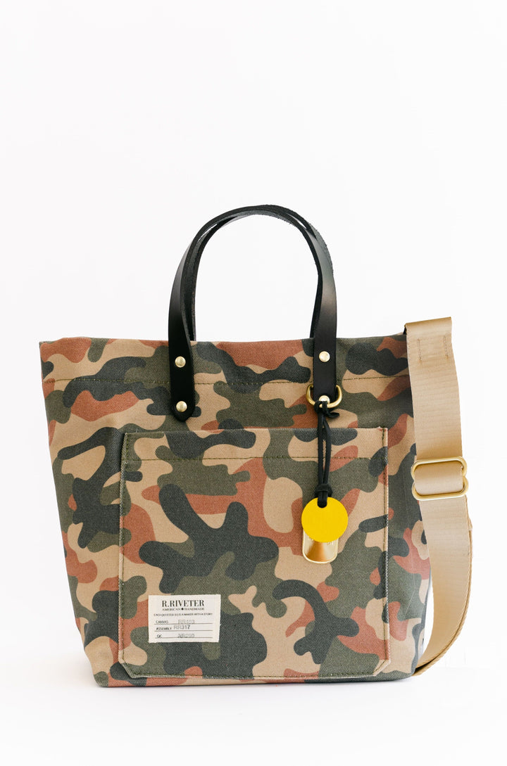 Taylor | Riveter Camo Printed Canvas + Black Leather Tote