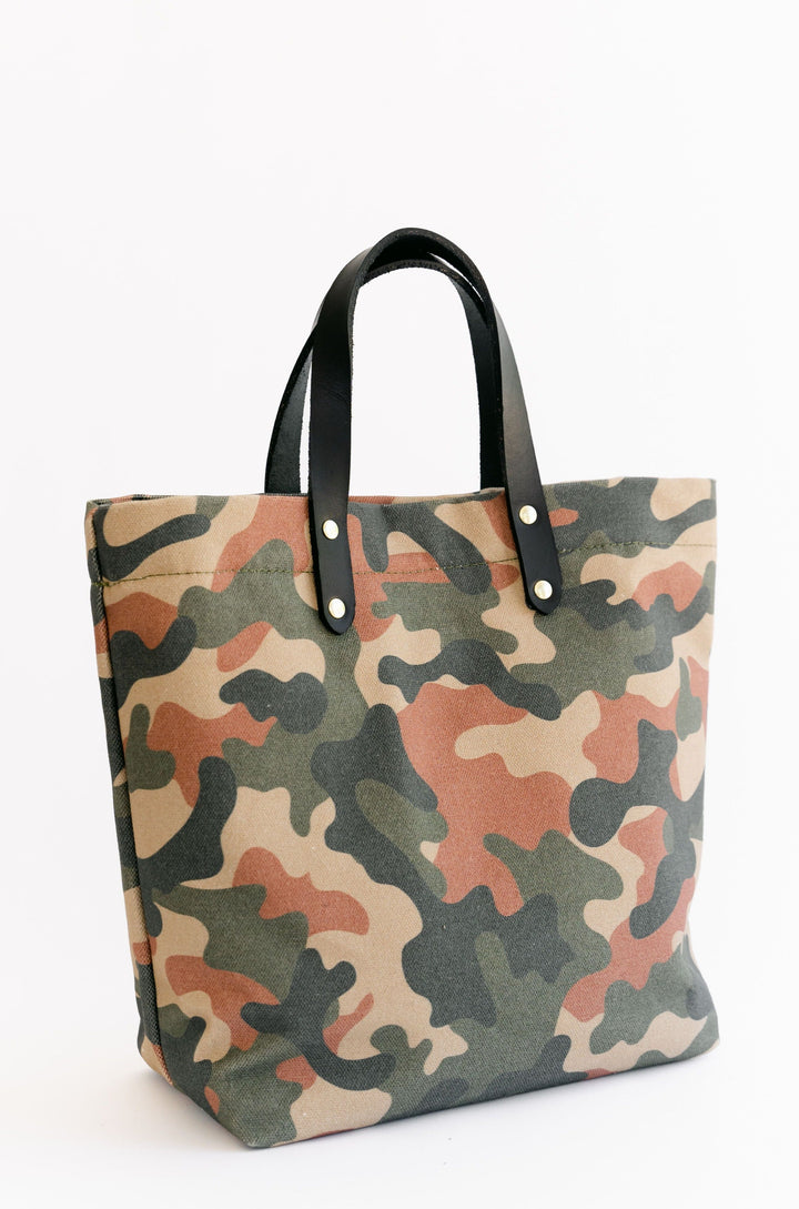 Taylor | Riveter Camo Printed Canvas + Black Leather Tote