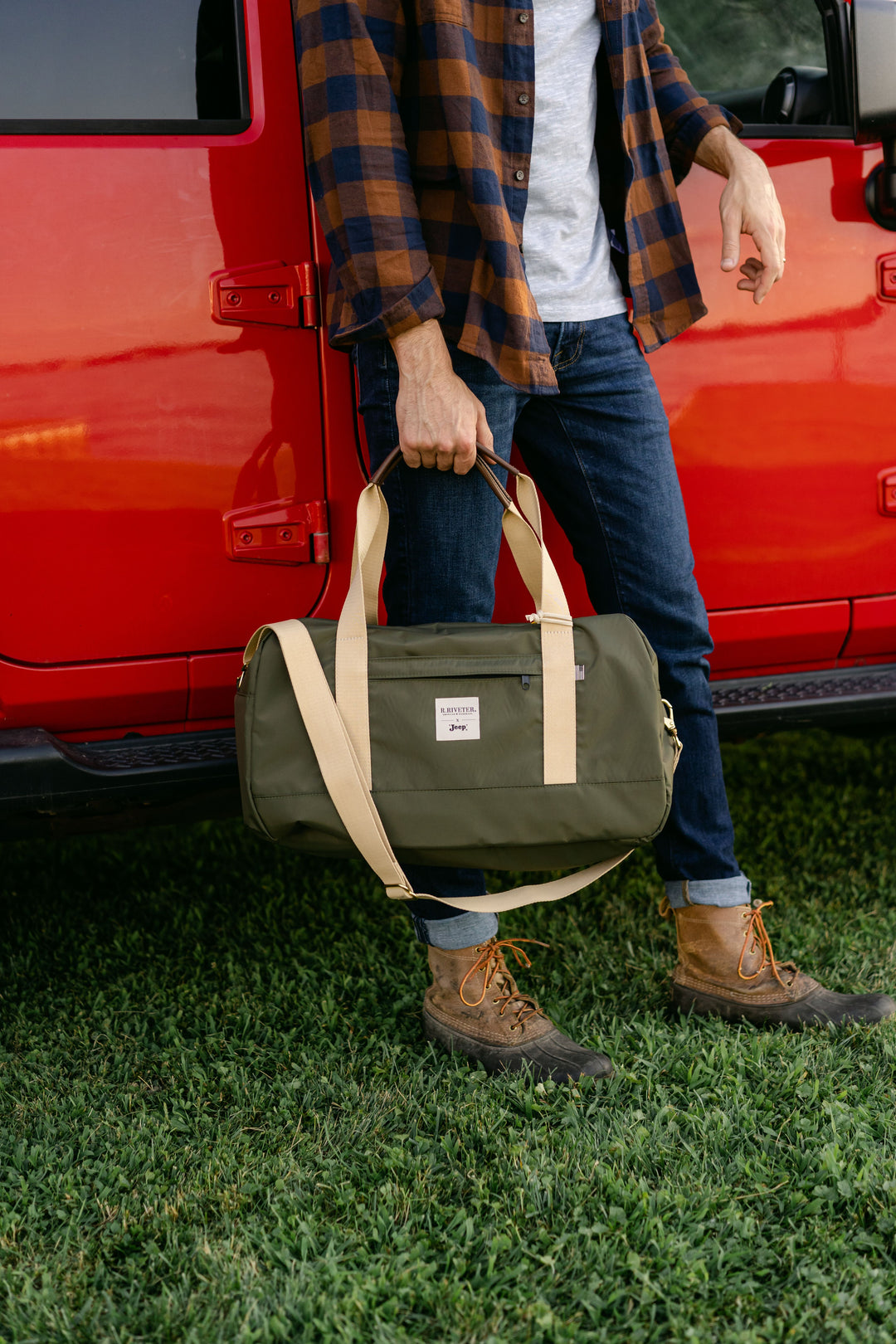Duffle Bag  JEEP® Collaboration Fatigue Nylon + Brown Leather – R. Riveter